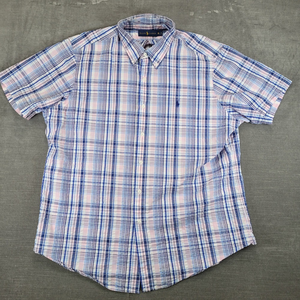 Ralph Lauren Mens Plaid Short Sleeve Button Down Shirt XL Blue Pink White Preppy